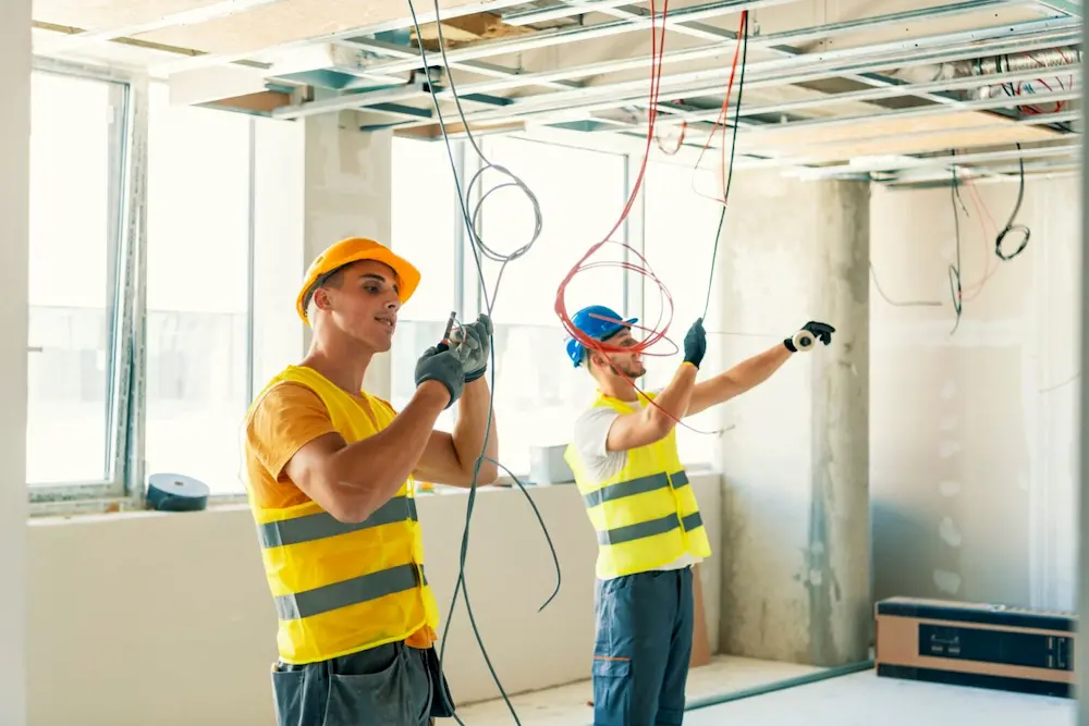 two electricans are installing wires